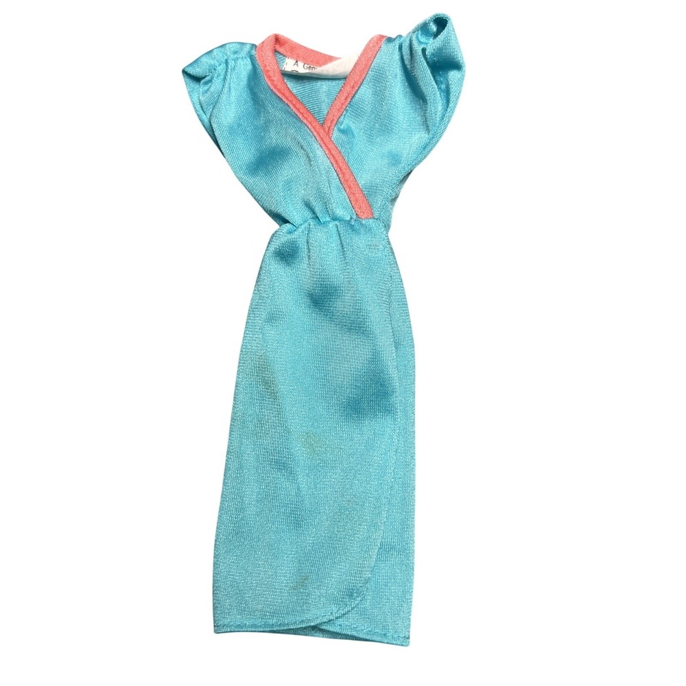 Barbie Doll Nylon Turquoise Blue Pink Collar Trim White Label Dress! Vintage